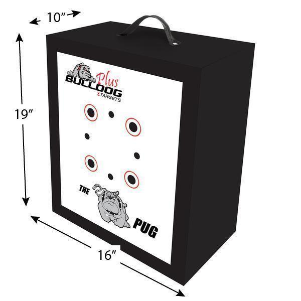 Bulldog Doghouse Pug plus archery target cube with handle and visible size dimensions