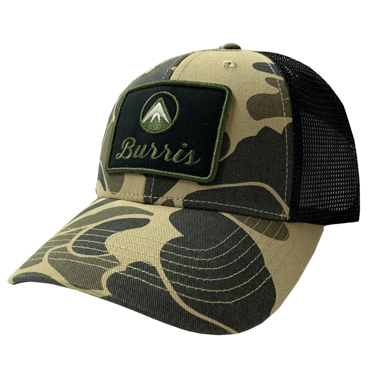 Burris trucker hat with camo front, black mesh back, and embroidered patch logo