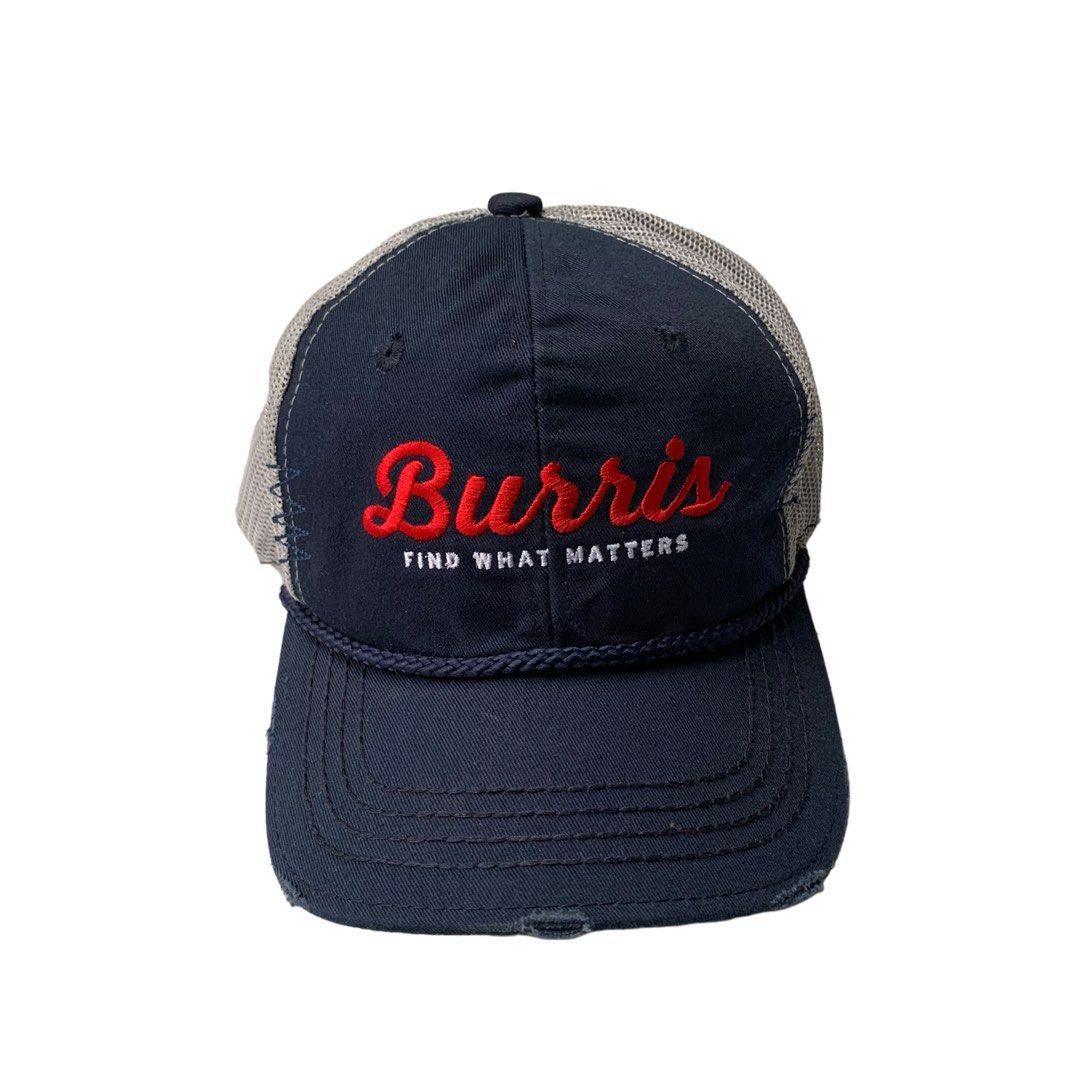 Burris trucker hat navy blue mesh cap with red embroidery and 'Find What Matters' slogan