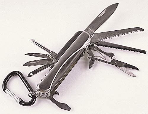 Stainless steel multi-tool pocket knife with 12 functions and carabiner, outdoor gear.