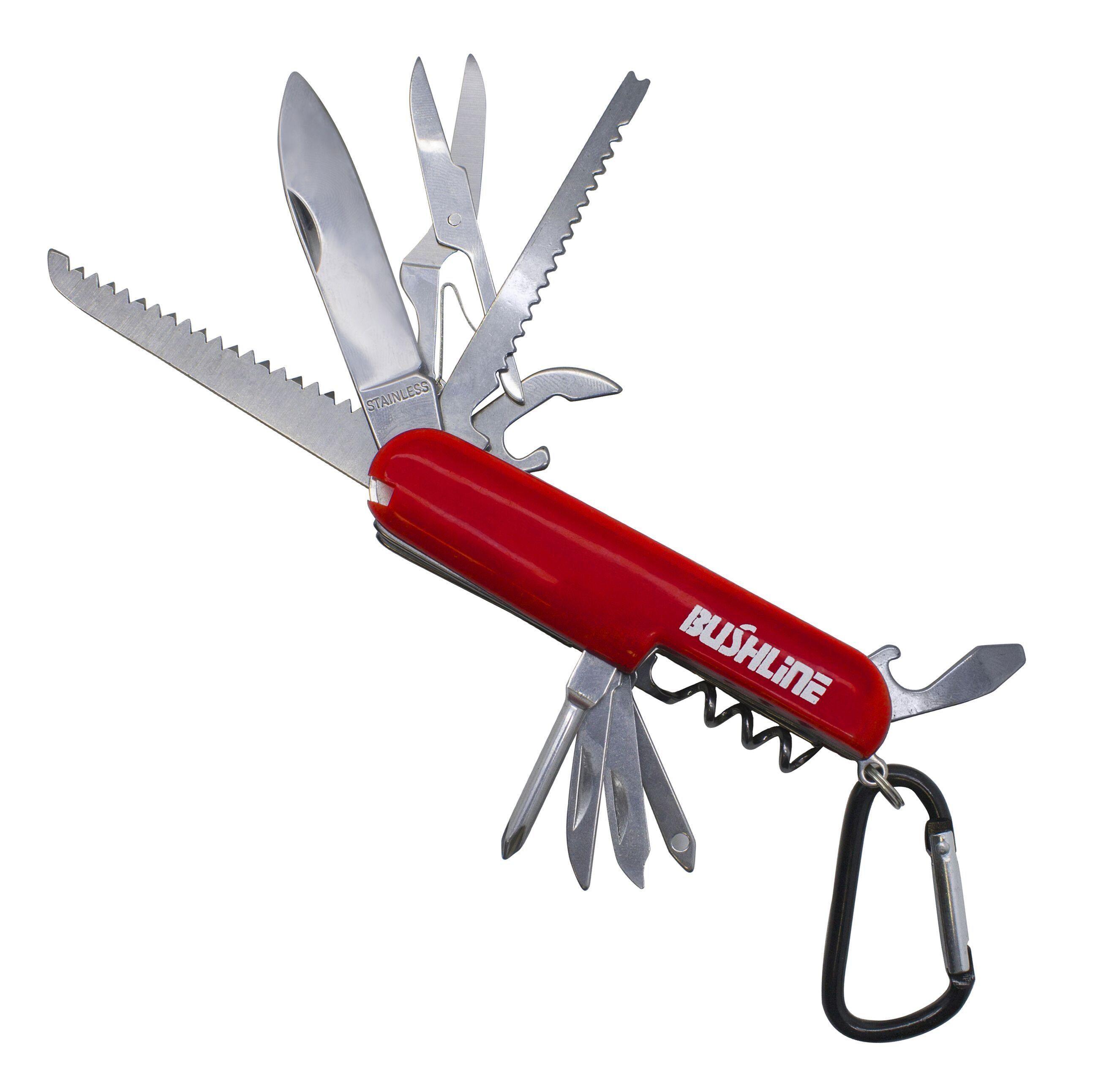Bushline red stainless steel pocket knife with 13 functions and carabiner clip