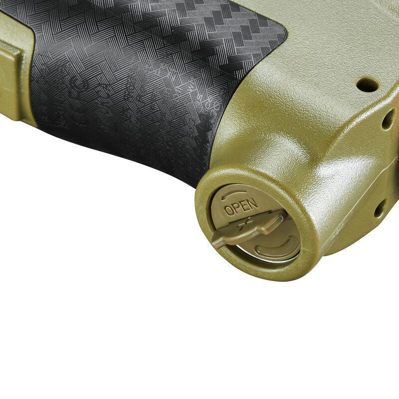 Close-up of Bushnell Archery Broadhead laser rangefinder with textured black and green grip