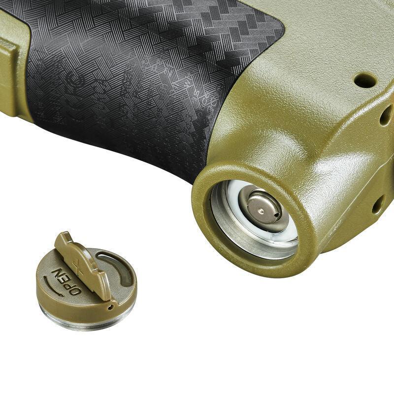 Bushnell Archery Broadhead Laser Rangefinder battery compartment open, olive and black body