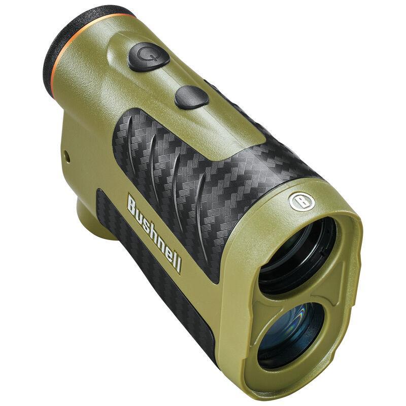 Bushnell archery broadhead laser rangefinder with green and black body, close-up view.