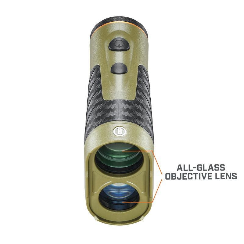 Bushnell archery broadhead laser rangefinder with all-glass objective lens close up