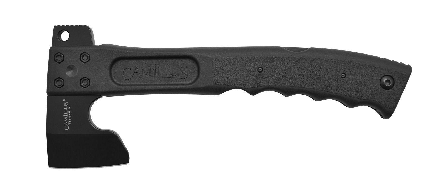 Camillus CAMTRAX 3-in-1 black titanium hatchet with textured handle on white background