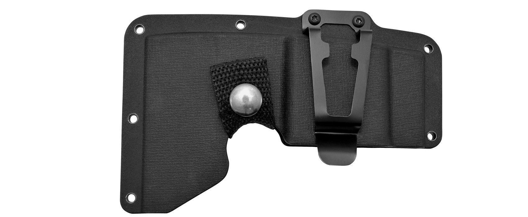 Black Camillus Camtrax hatchet sheath with belt clip, snap closure, and rivet holes