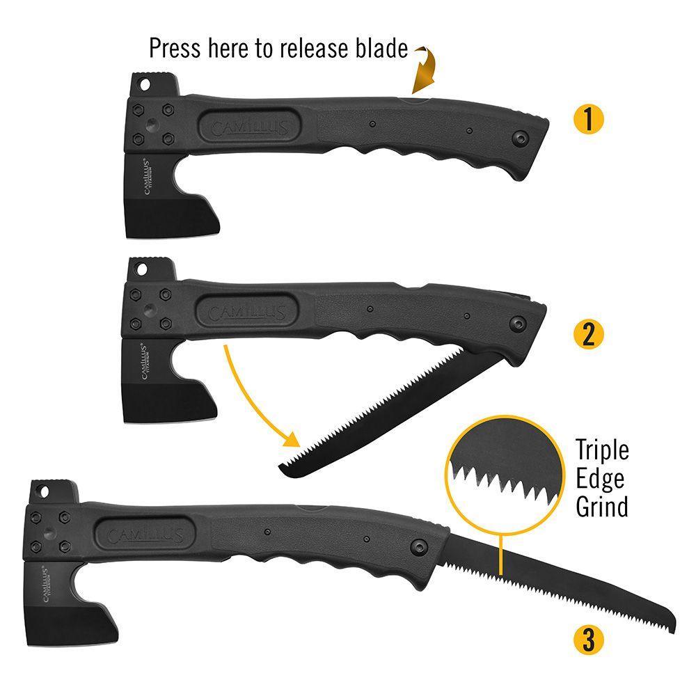 Camillus Camtrax 3-in-1 black hatchet with folding saw and triple edge grind blade demo