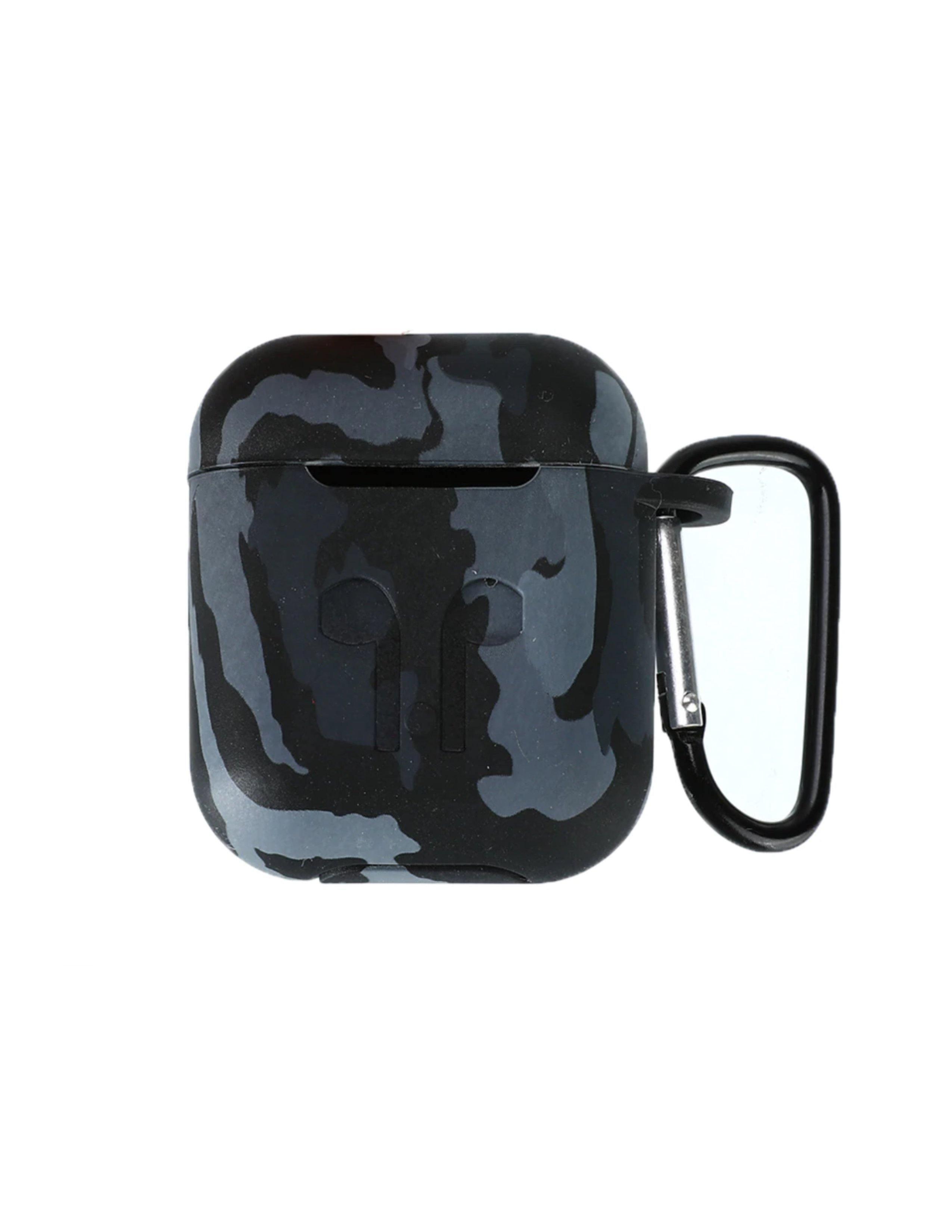 Grey camouflage silicone AirPods case with black carabiner clip