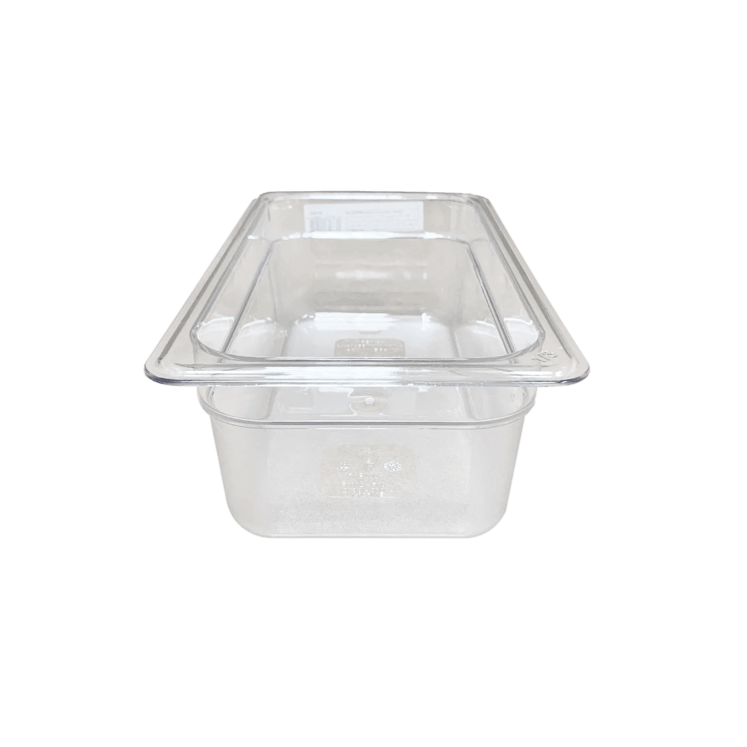 Clear plastic catering pan with straight sides on a plain blue background