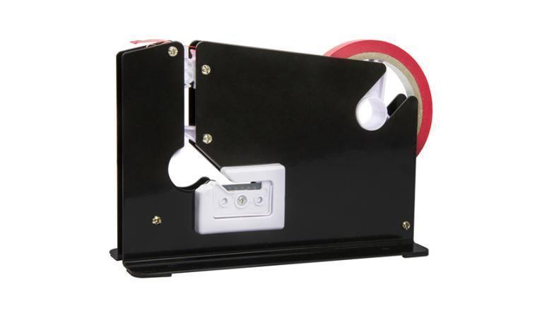 Black bag sealing tape dispenser with red tape on white background