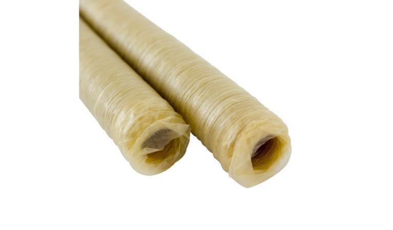 Two rolls of chard collagen sausage casings on a white background