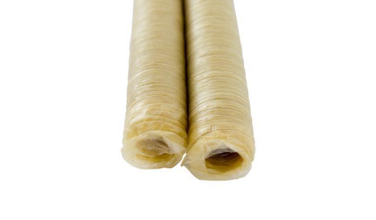 Two rolls of natural chard collagen sausage casings on a white background