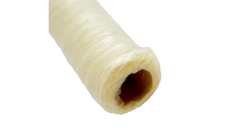 Close-up of a rolled, clear collagen sausage casing on a white background