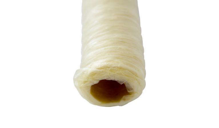 Close-up of natural collagen sausage casing, 32mm, against white background.