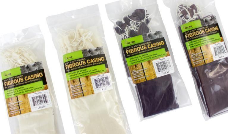 Chard fibrous sausage casings 10-pack in clear and mahogany colors, sealed in plastic bags