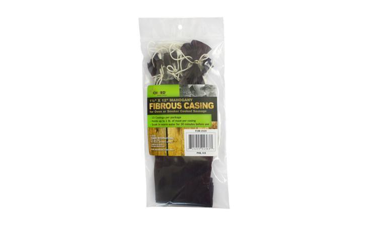 Chard fibrous sausage casings 10 pack in clear packaging, mahogany color, for smoked sausage making