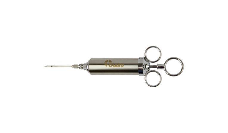 Chard stainless steel meat injector with needle and finger rings on white background