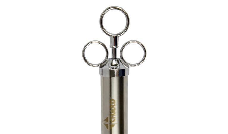 CHARD stainless steel meat injector with triple ring handle on white background