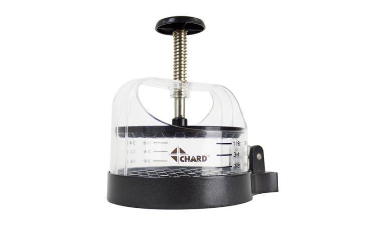 CHARD burger press with clear lid, metal spring, and measurement markings on white background