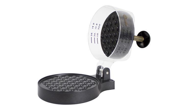 Chard burger press with black handle and clear top, open on white background