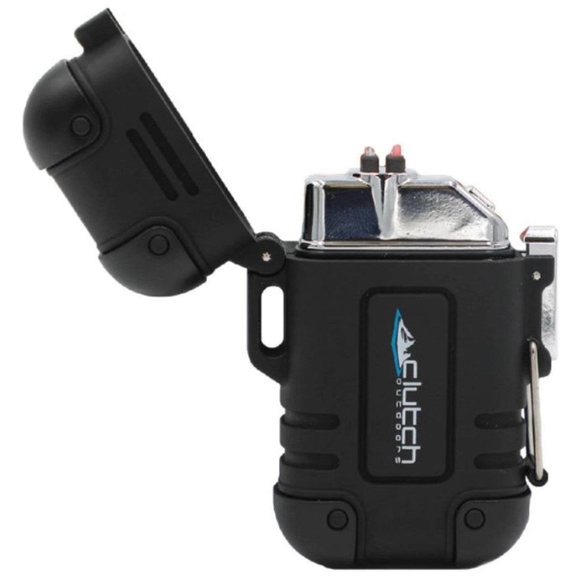 Black Clutch Outdoors waterproof rechargeable lighter with open lid and carabiner