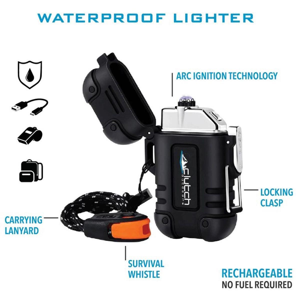 Waterproof rechargeable lighter with locking clasp, lanyard, and survival whistle