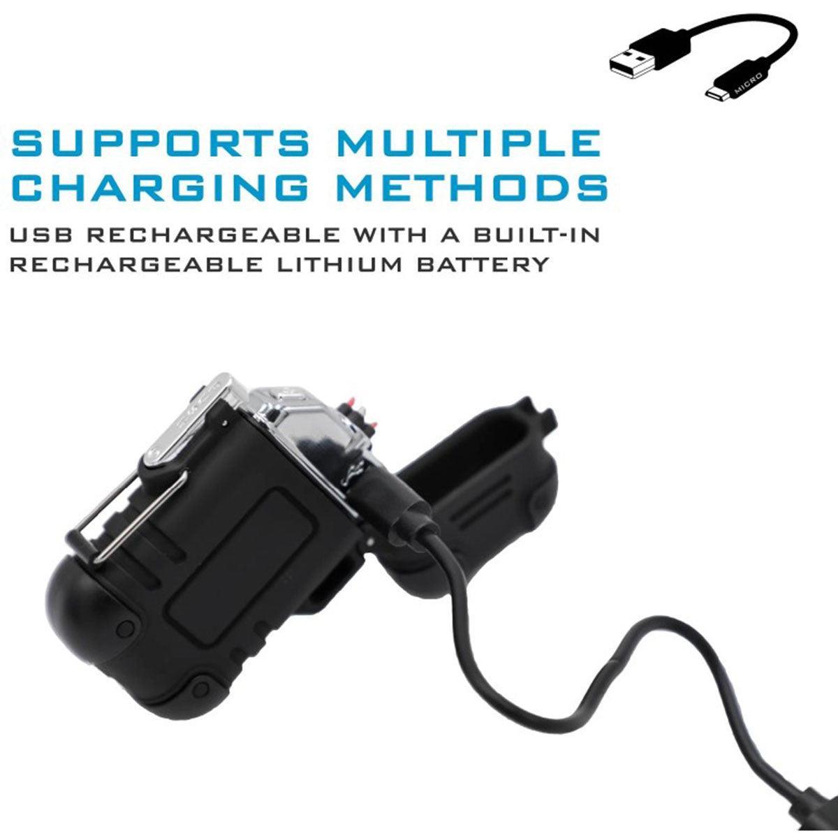 Waterproof rechargeable outdoor lighter with USB charging cable and open protective cover