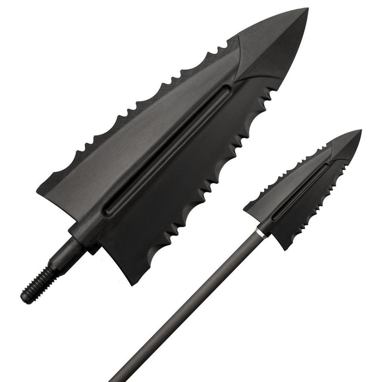 Cold Steel archery broadheads with serrated black blades, close-up on white background