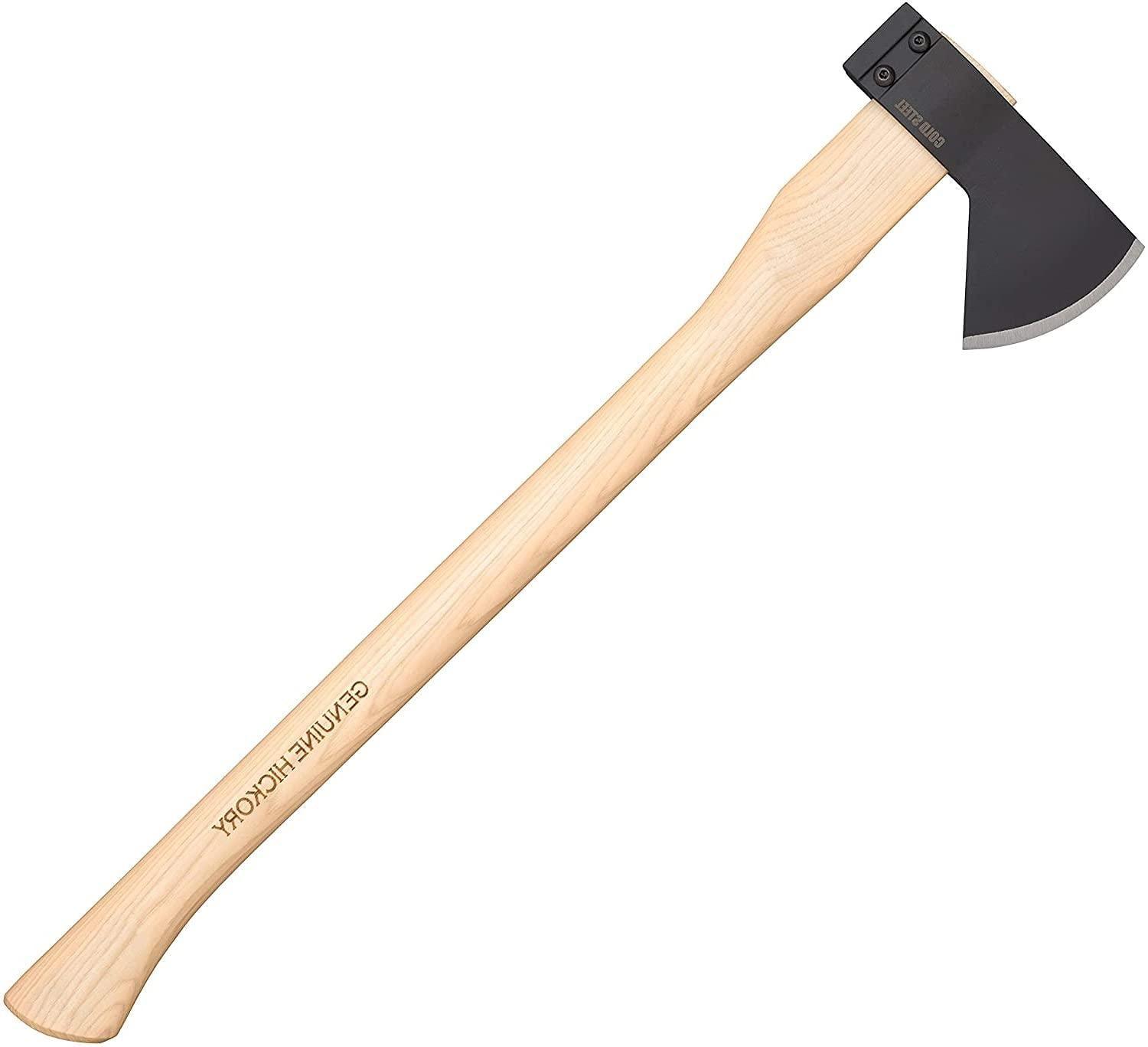 Cold Steel Hudson Bay camp axe with black blade and hickory handle on white background
