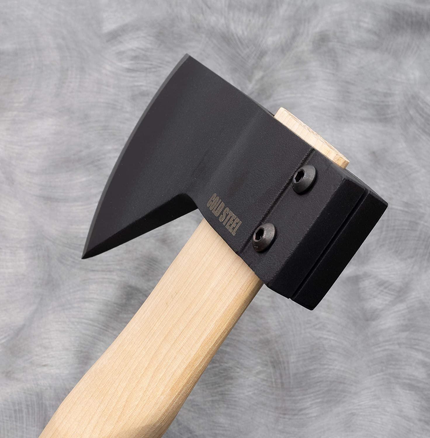 Cold Steel Hudson Bay camp axe with black blade and light wood handle on grey background
