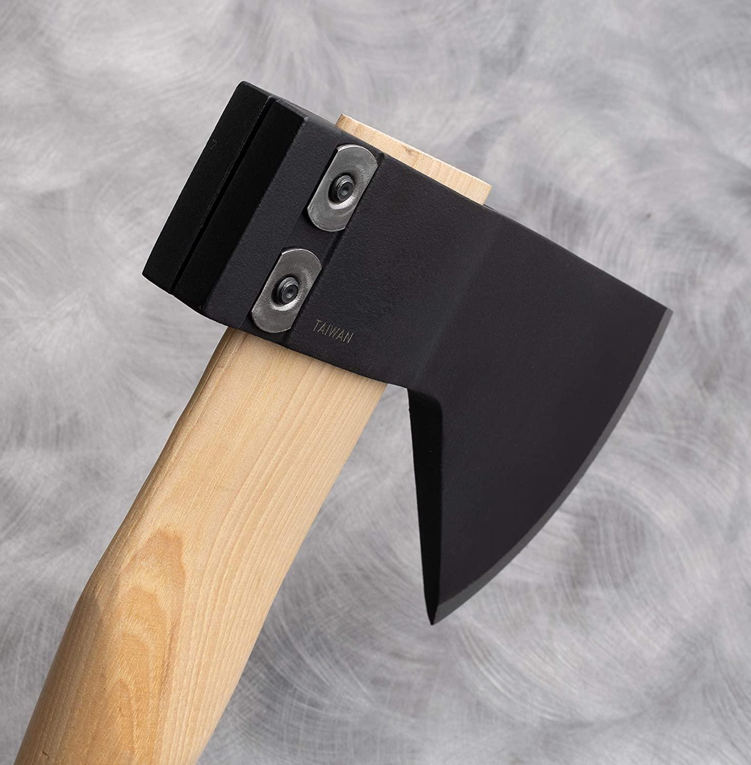 Cold Steel Hudson Bay camp axe with wood handle and black head on gray background