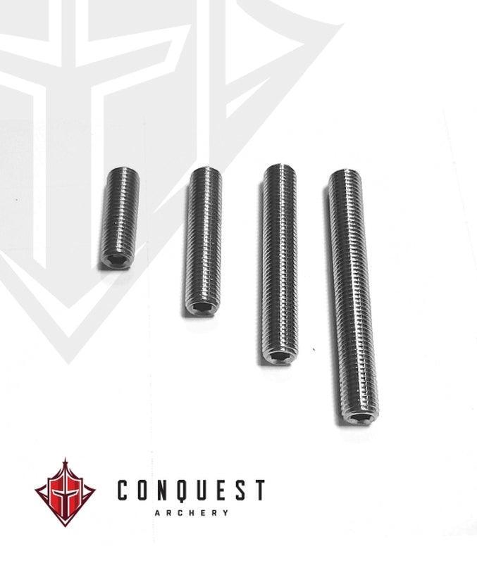 Conquest Archery 5/16-24 stainless steel threaded set screws in various lengths on white background