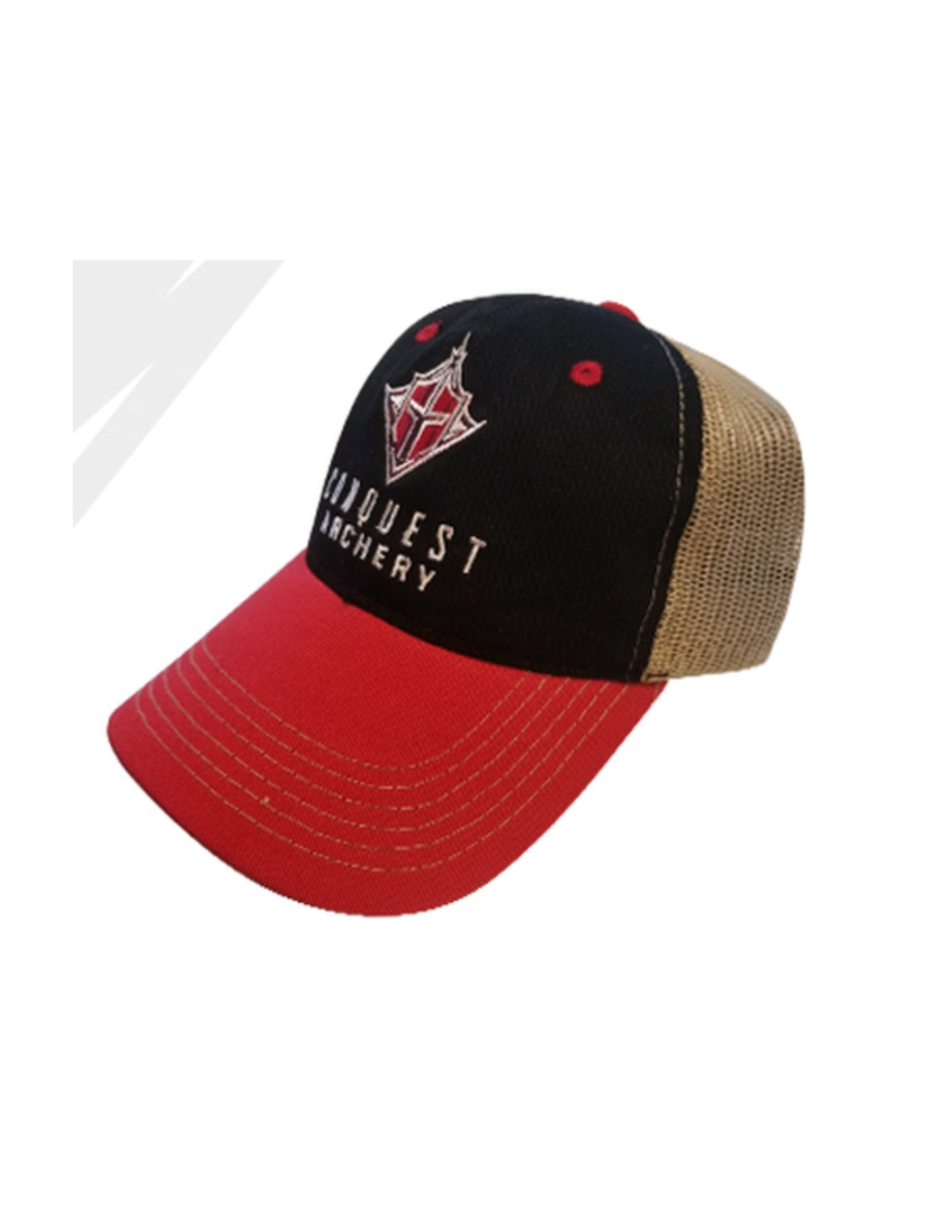 Conquest Archery hat with black front, red bill, tan mesh back, and embroidered logo