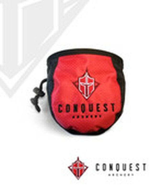 Conquest Archery red and black release pouch with logo and drawstring on white background