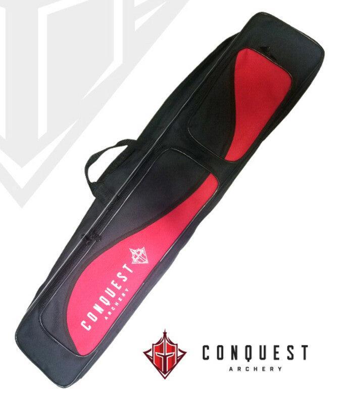Conquest Archery stabilizer carry bag in black and red, with logo and dual handles.