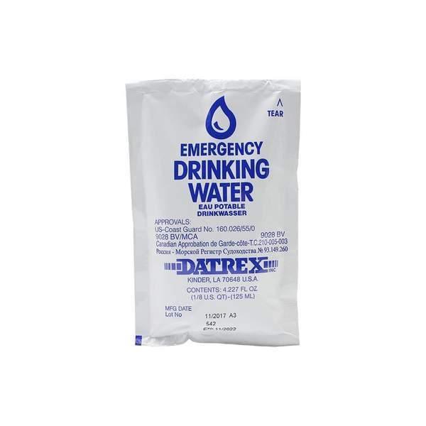 Datrex emergency drinking water 125ml pack with blue text on white pouch