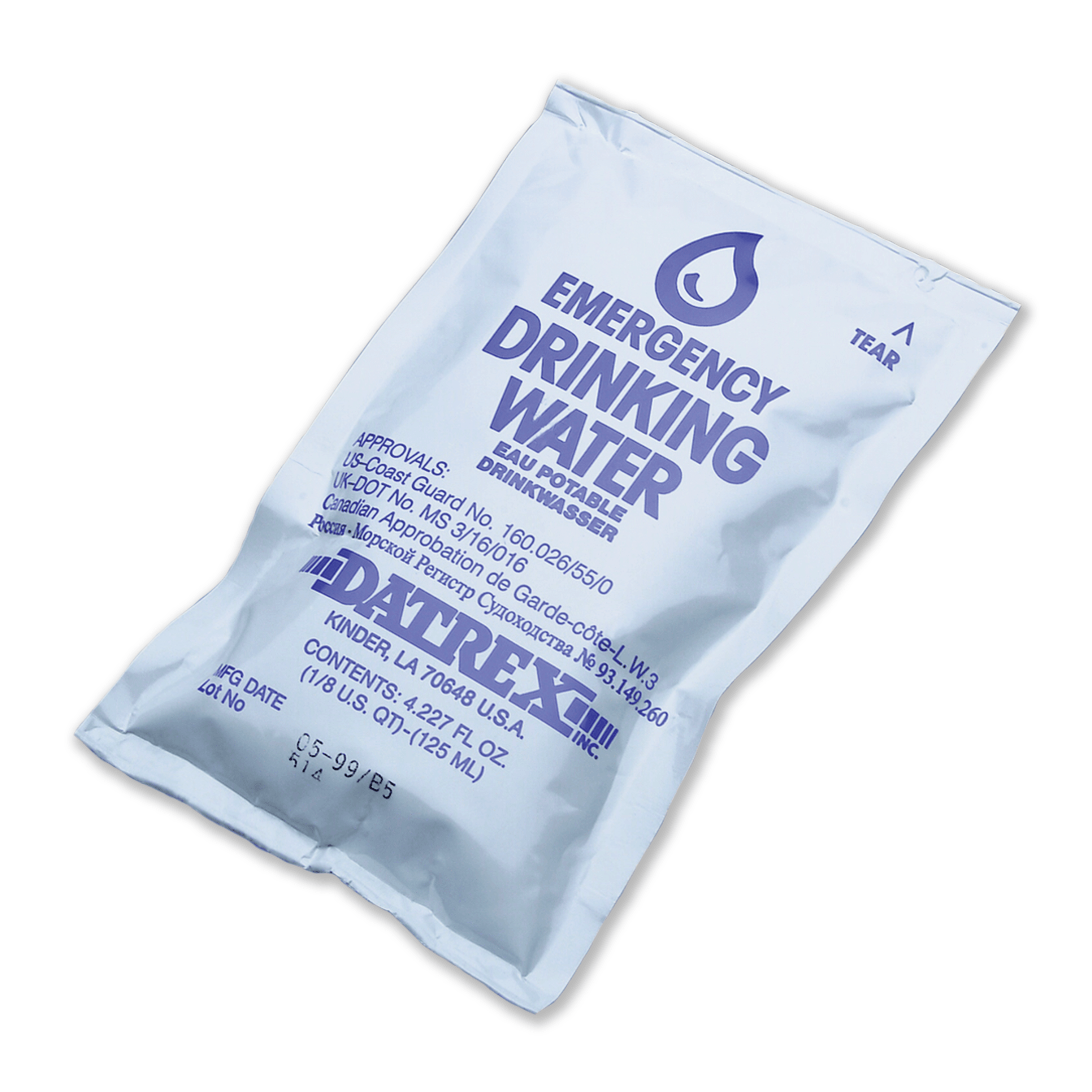 Datrex emergency drinking water 125ml sealed pouch, survival water pack