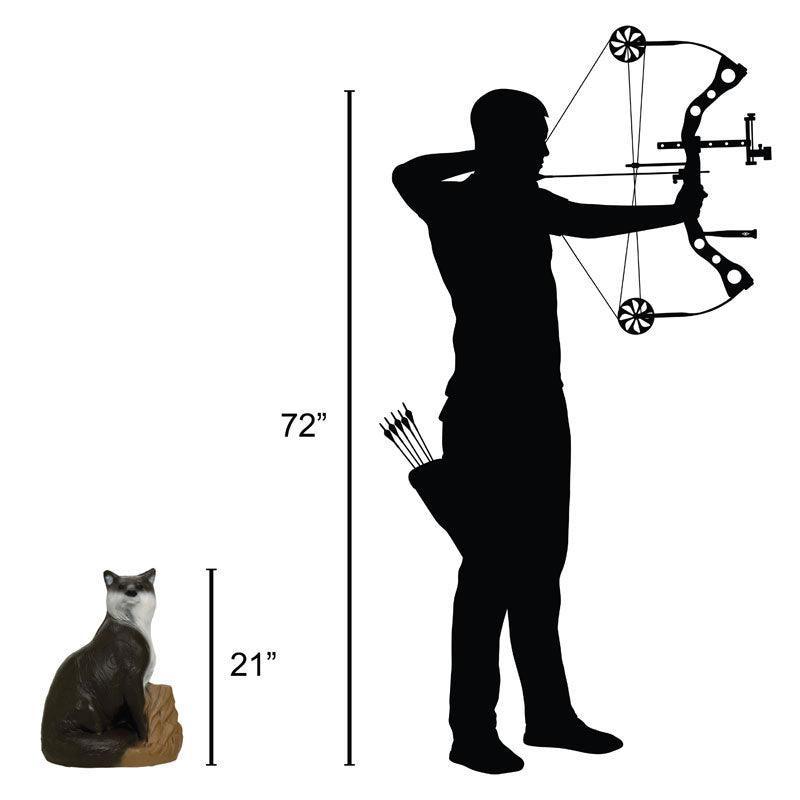 Delta McKenzie 3D fox archery target next to silhouette of archer for size comparison