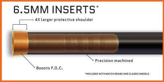 Easton 6.5mm insert for arrows, gold tip, black shaft, labeled features, precision machined