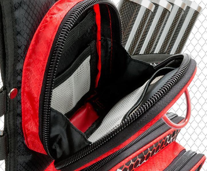 Red and black Elevation Archery Adrenalin 4-tube hip quiver with open pocket and arrows