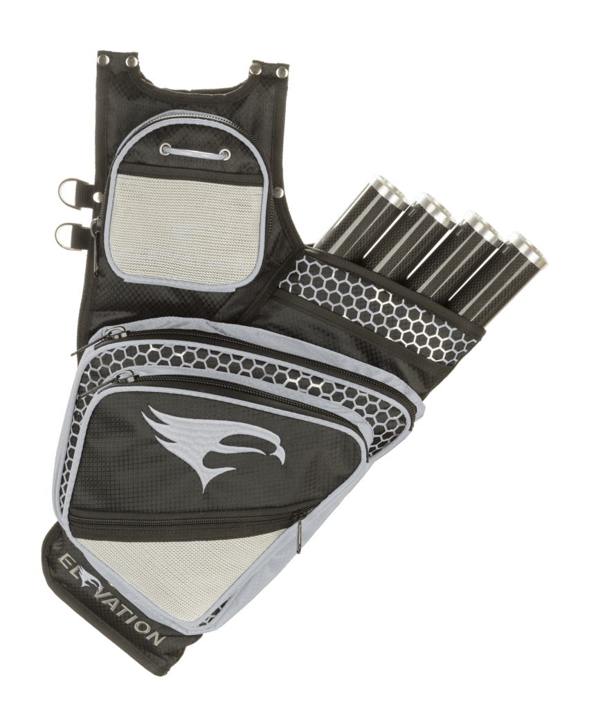 Elevation Archery Adrenalin 4-tube hip quiver with black, gray, and hexagon pattern design