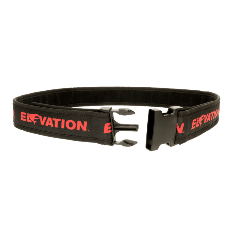 Elevation Archery Pro Shooter's Belt, black belt with red logo and plastic buckle