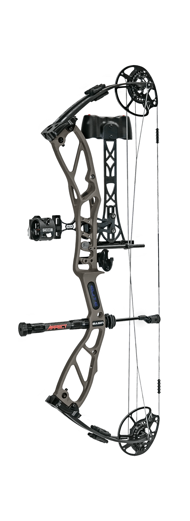 Elite Archery Basin RTS compound bow with stabilizer, sight, and cam system