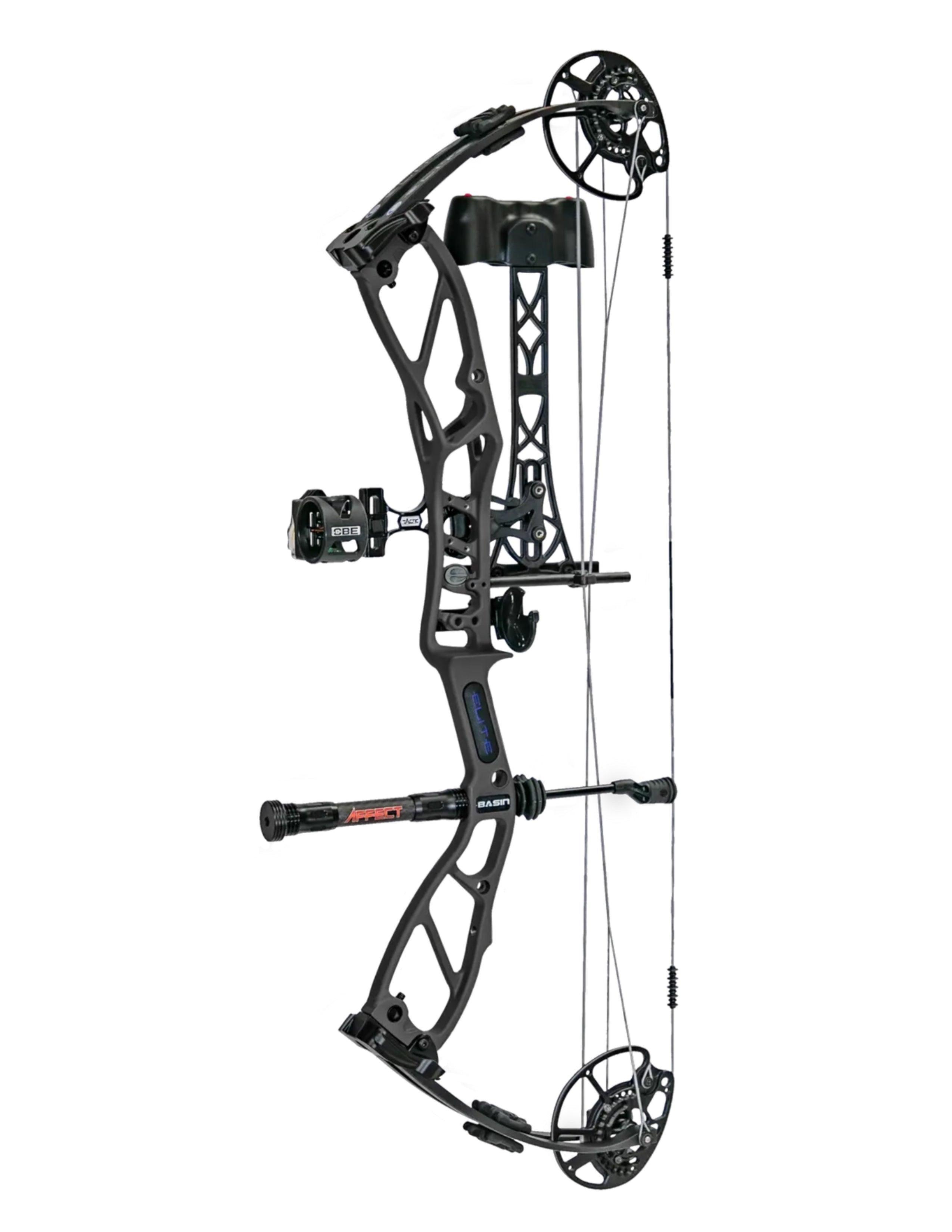 Elite Archery Basin RTS compound bow with black frame and accessories on white background