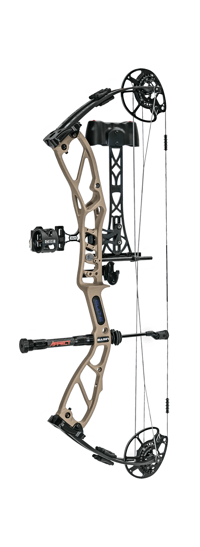 Elite Archery Basin RTS compound bow in tan and black with accessories, isolated view