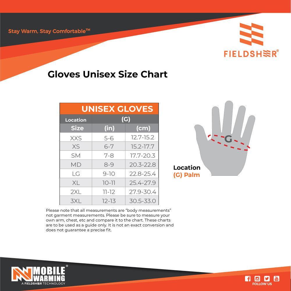 Fieldsheer unisex heated gloves sizing chart with palm measurement diagram.