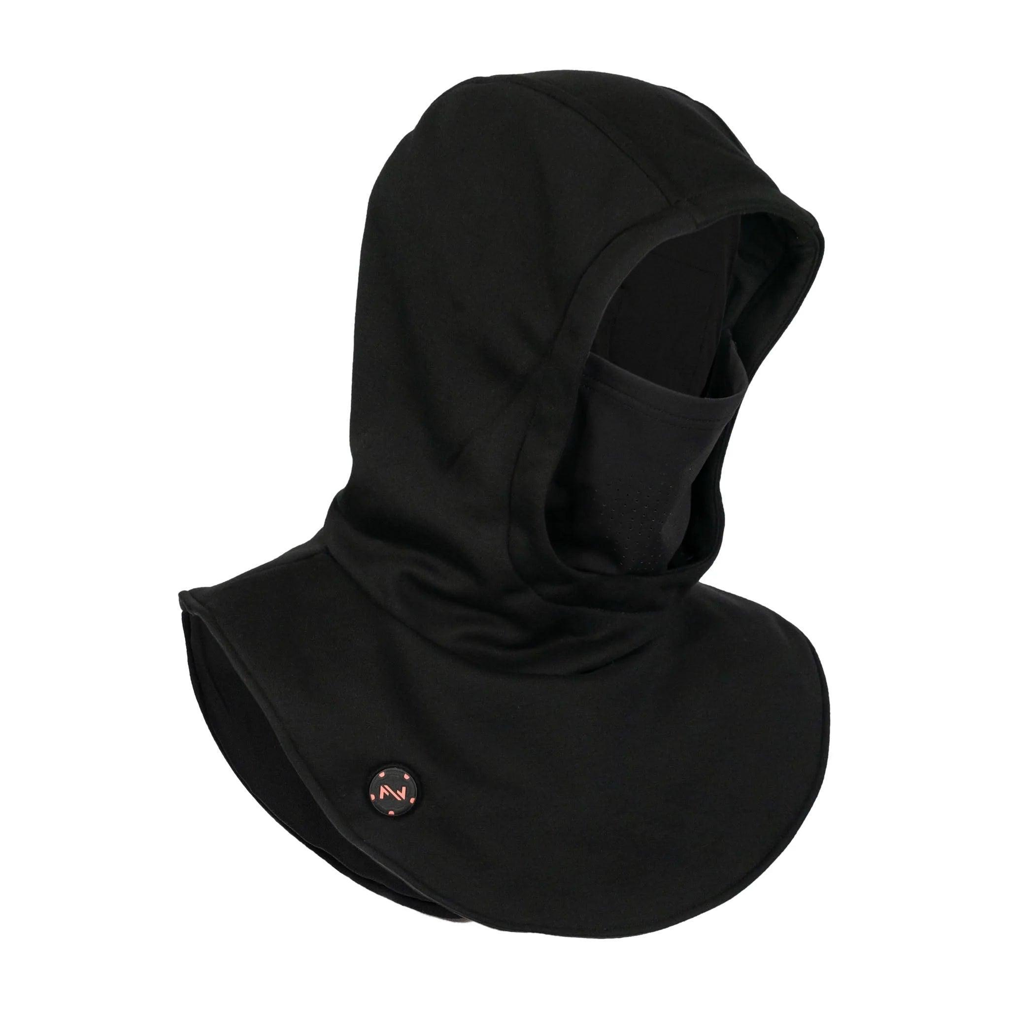 Black unisex heated balaclava with face cover and control button, isolated on white