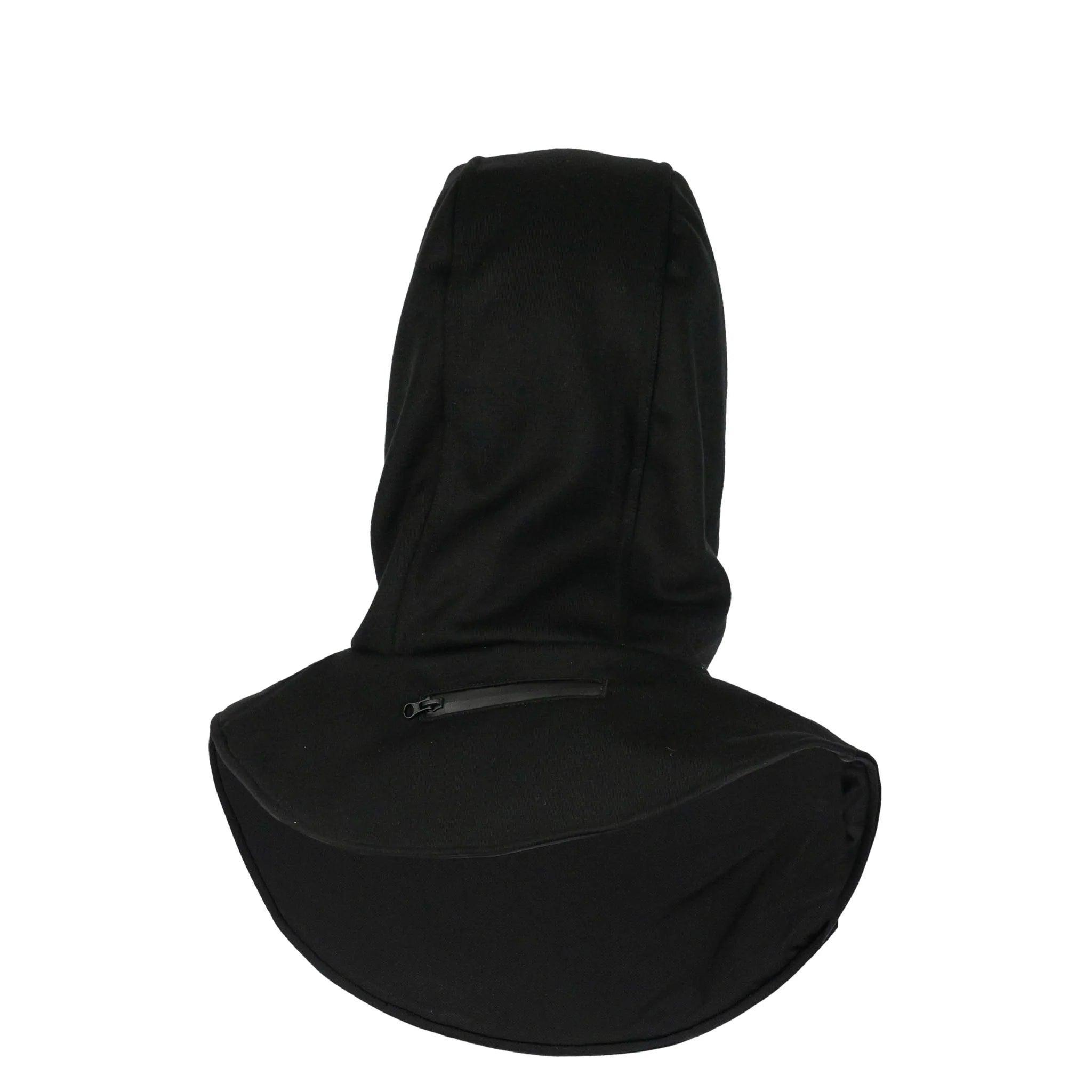 Black unisex heated balaclava with hood and zip pocket, outdoor winter sports gear