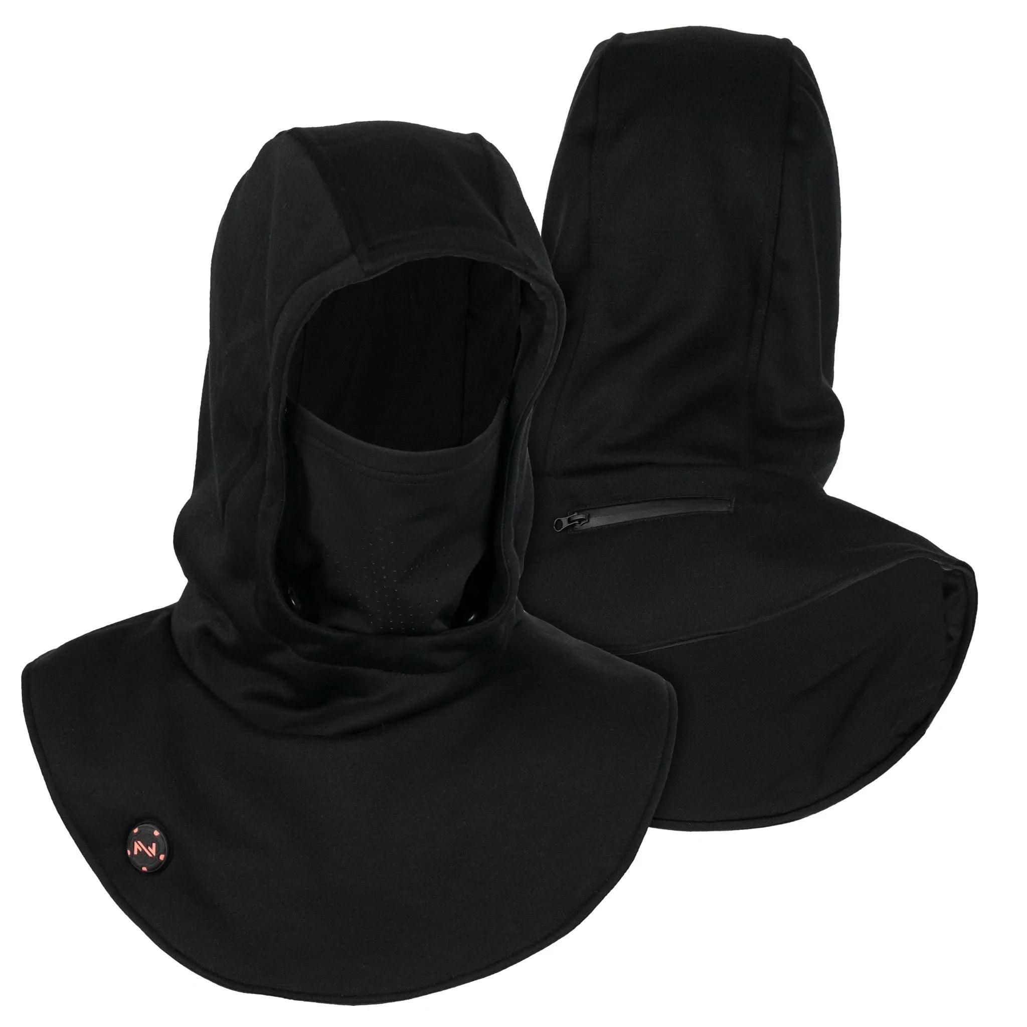 Black Fieldsheer heated balaclava unisex with hood and face cover, front and back view